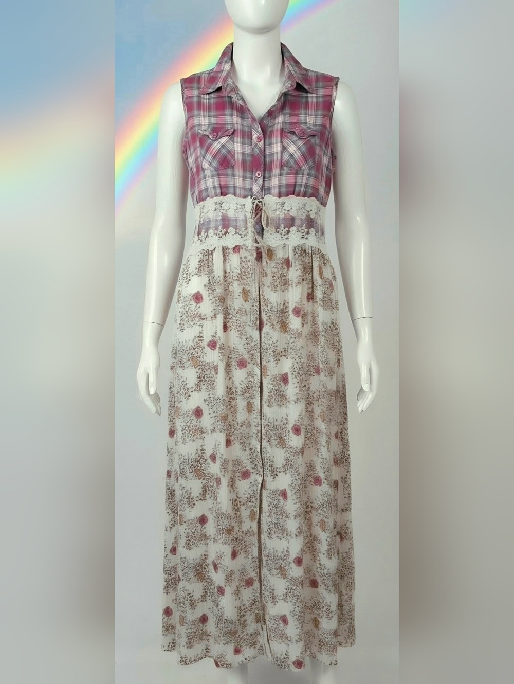 Upcycled Sleeveless Mixed-Print Maxi Shacket Dress in Pink and Cream